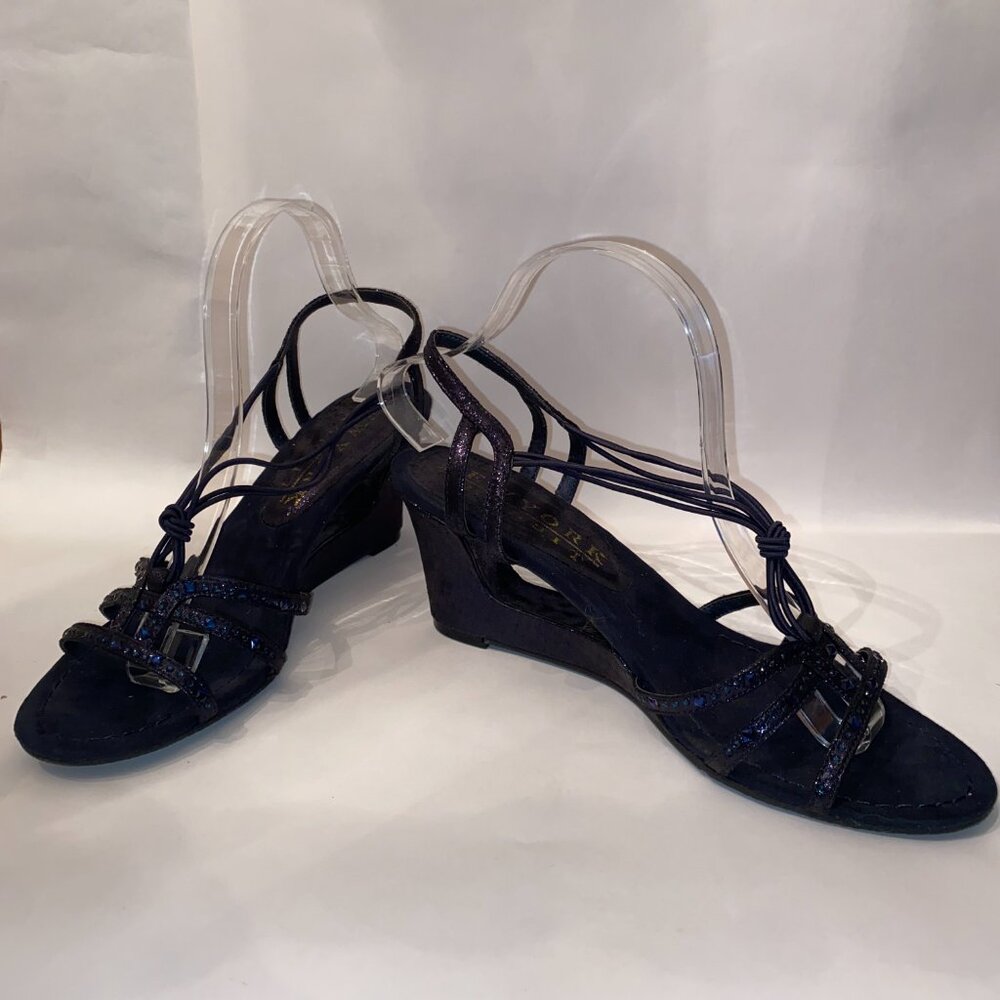 New York Transit Black Wedge Sandals with Blue Rhinestones & Glitter, Size 10